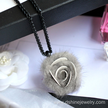 Rose Shape Fur POM POM Necklace Long Chain Necklace For Lady